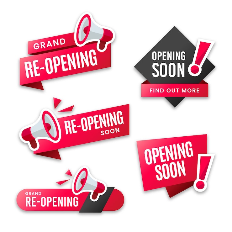 Ilmainen Vektori re-opening soon badges collection