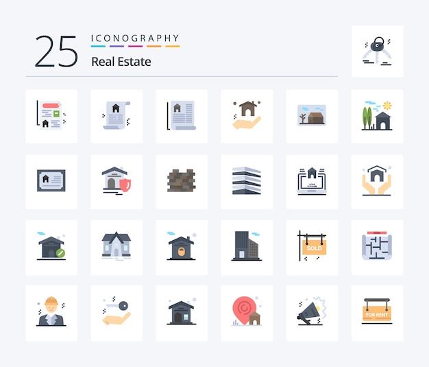 real estate 25 flat color icon pack including real shield property estate home