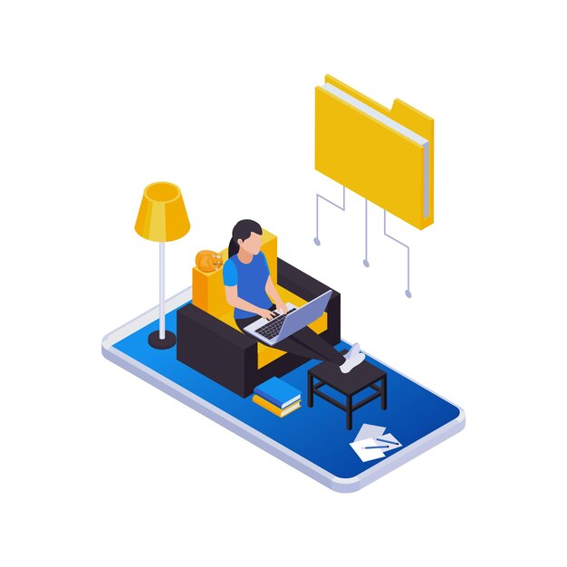 Remote management distant work isometric icons composition with woman working at home with folder icon