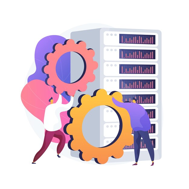 Server hardware maintenance. Teamwork fixing gear. Data storage, ethernet cluster, datacenter system. Supercomputer infrastructure. Workstation domain. Vector isolated concept metaphor illustration.