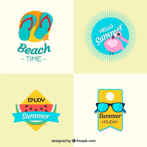 set of colorful summer badges with beach elements in flat style