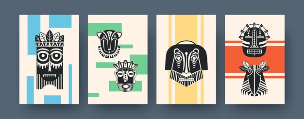 set of contemporary art posters with african tribal masks. vector illustration. collection of african tribal masks in different compositions