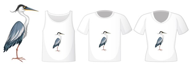 set of different shirts with great blue heron cartoon character isolated on white