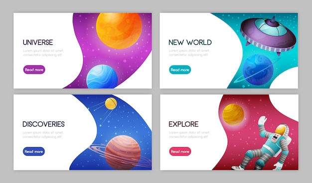 set of landing page with call to action. space science exploration discoveries innovations  celestial bodies astronaut spacecraft