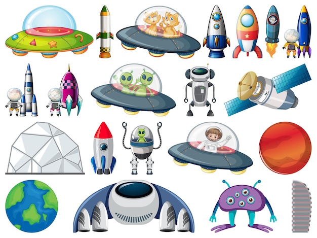 set of space objects and elements isolated on white background