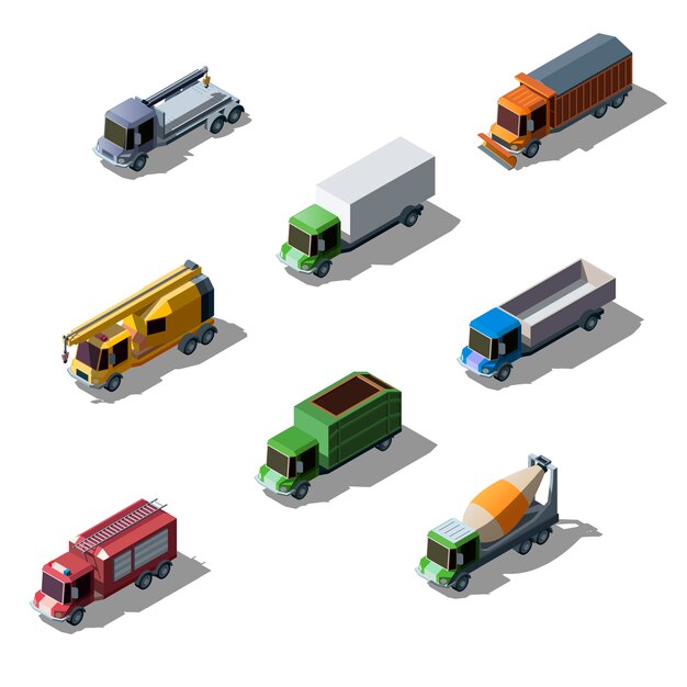 Set of vehicle isometric collection of colorful transportation. Commercial, construction and service trucks isolated.