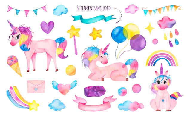 set of watercolor cute magic unicorns with rainbow, balloons, magic wand