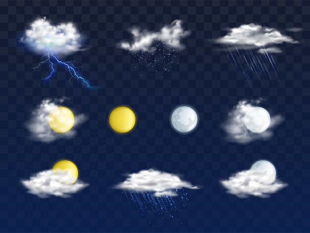 set of weather forecast app realistic icons with various clouds, sun and moon disks
