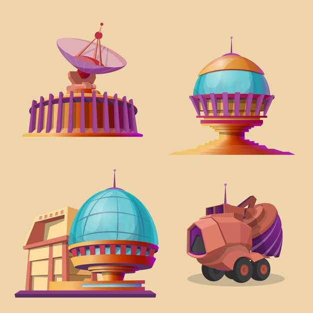 set with different objects for space exploration, colonization and terraforming plane