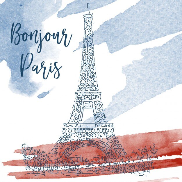 sketch of eiffel tower on a watercolor background