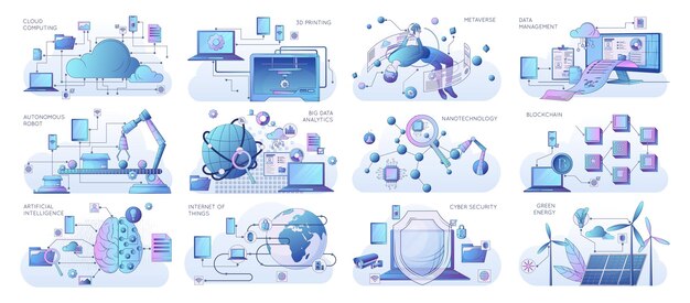 smart industry 4.0 flat set with blockchain metaverse 3d printing artificial intelligence cloud computing isolated vector illustration