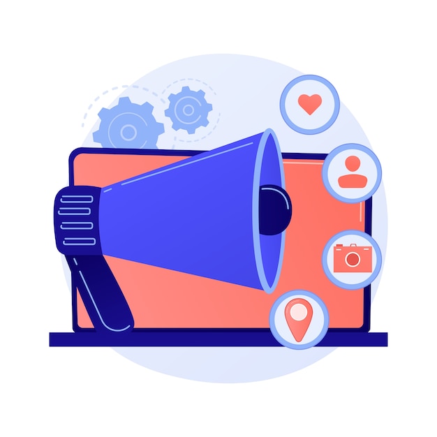 social media ad, online advertising, smm. network announcement, media content, followers activity and geodata. internet manager cartoon character.