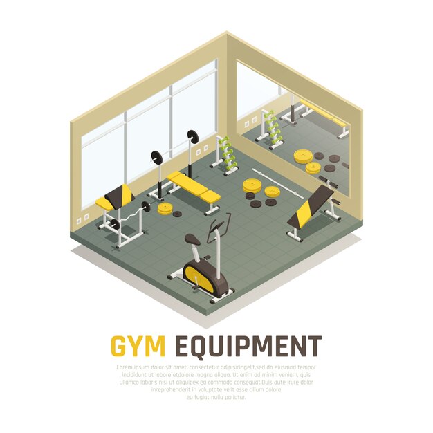 sport hall with black yellow exercise equipment and mirror on wall isometric composition 