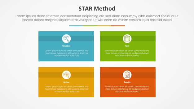 STAR method infographic concept for slide presentation with rectangle box matrix structure with 4 point list with flat style