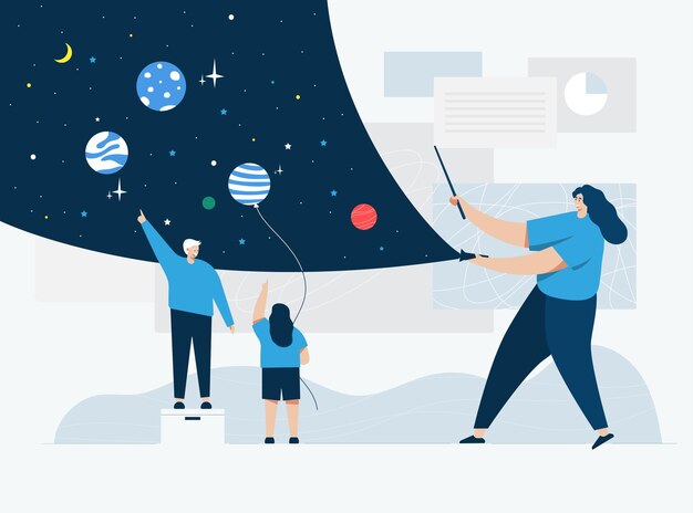 Teaching about space , cartoon style illustration