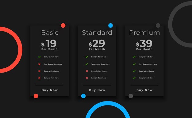 three column pricing chart template for UIUX app