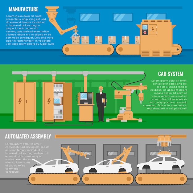 three horizontal automated assembly banner set with descriptions of manufacture cad system and automated assembly vector illustration