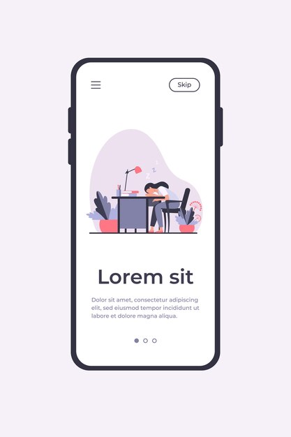 Tired woman sleeping during work at table. Desk, exhaustion, employee flat vector illustration. Workplace and occupation concept mobile app template