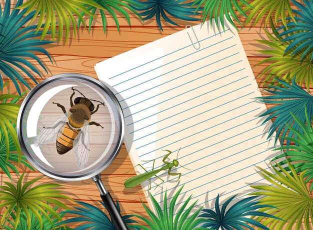 top view of blank paper on table with leaves and insects elements