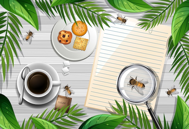 top view of wooden table with office objects and leaves and insects element