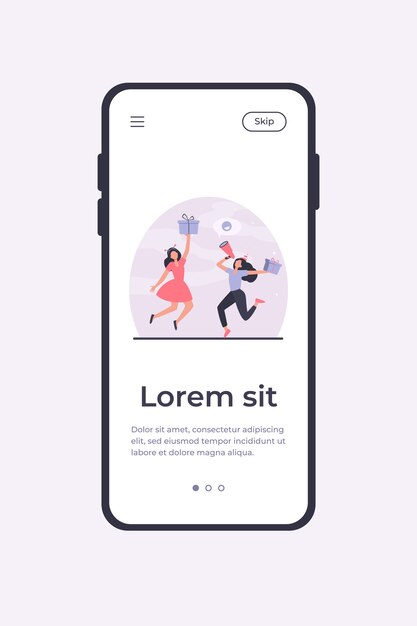 Two cheerful women celebrating and jumping with gifts. Present, loudspeaker, fun flat vector illustration. Promotion and advertising concept mobile app template