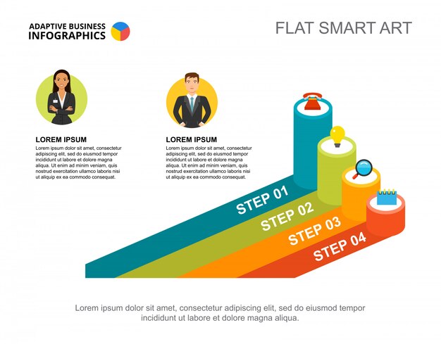 Two entrepreneurs process chart template for presentation. Business data visualization.