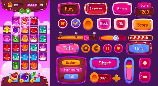 Ui candy match game interface with button and icon vector cartoon design set Mobile puzzle level with glossy menu kit illustration Food and chocolate 2d frame assets template with loading panel