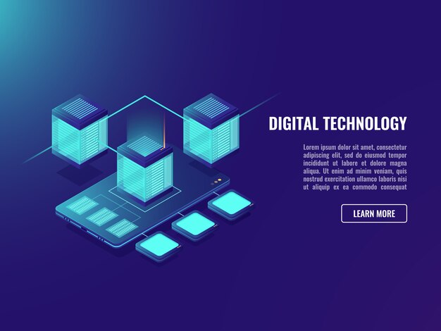 uploading file on cloud storage concept, server room, mobile application