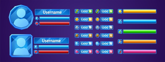 User profile ui elements for game with avatar, bars and icons in round and square blue crystal frames. Vector cartoon set of game design interface for display health, power, money and assets
