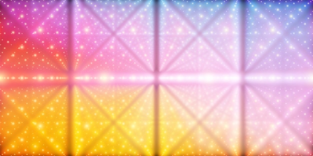 Vektori ääretön avaruustausta. Hehkuvien tähtien matriisi, jossa on syvyyden ja perspektiivin illuusio. Geometrinen tausta, jossa on pistematriisi hilasolmuina. Abstrakti futuristinen värikäs universumin tausta
