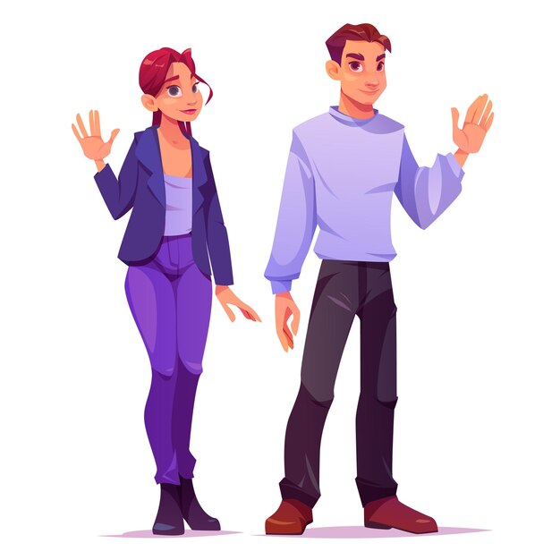 Waving welcome people man and woman say hello