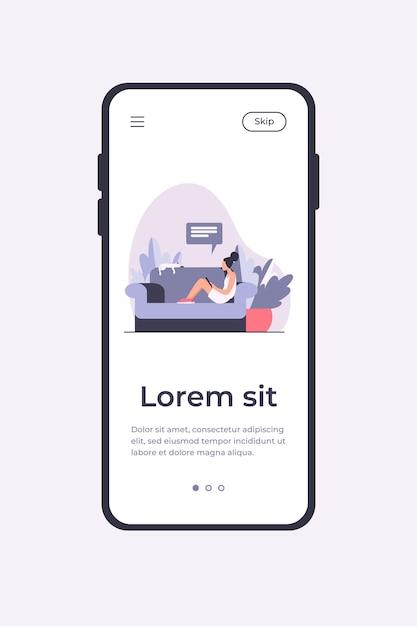 Young woman sitting on sofa with cat and mobile device. Girl, chatting, smartphone flat vector illustration. Home and relaxation concept mobile app template