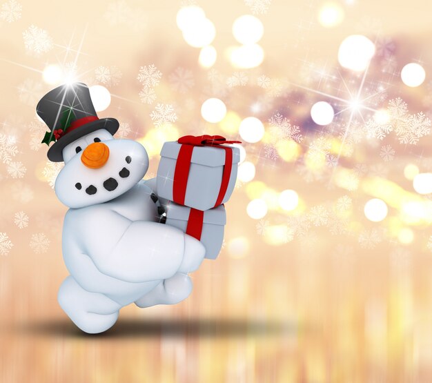 3D bonhomme de neige personnage portant des cadeaux sur un fond de lumières bokeh