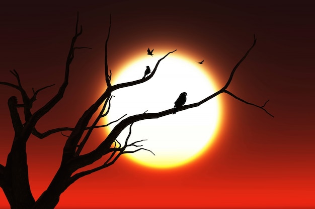 Photo gratuite 3d fond de paysage avec des silhouettes d'oiseaux dans un arbre contre un ciel coucher de soleil