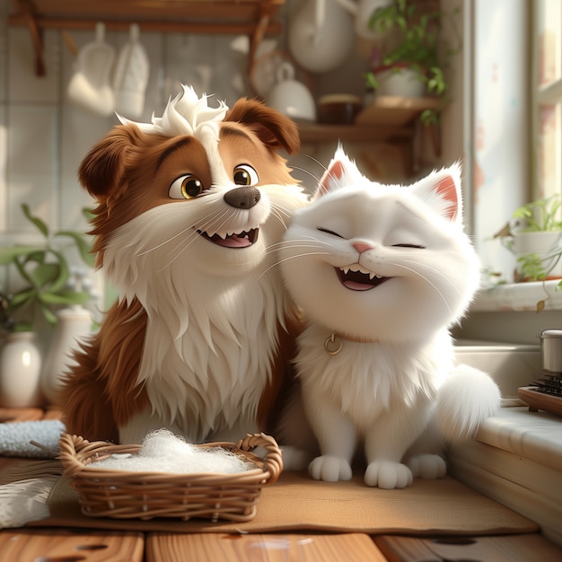 Photo gratuite 3d illustration showcasing friendship between cats and dogs