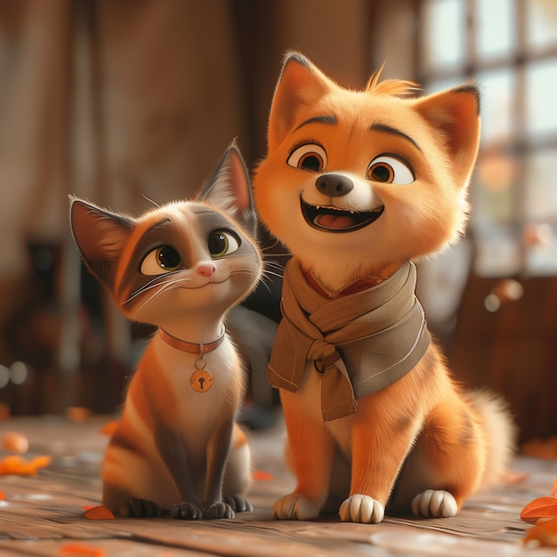 Photo gratuite 3d illustration showcasing friendship between cats and dogs