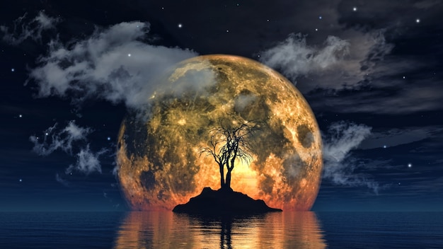 Photo gratuite 3d rendent d'un arbre fantasmagorique contre une image de la lune