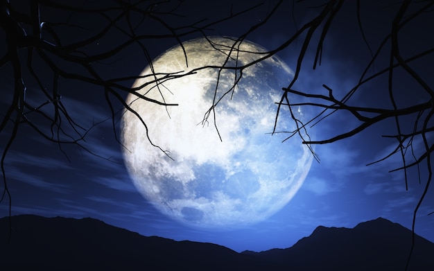 Photo gratuite 3d rendent des arbres contre un ciel clair de lune