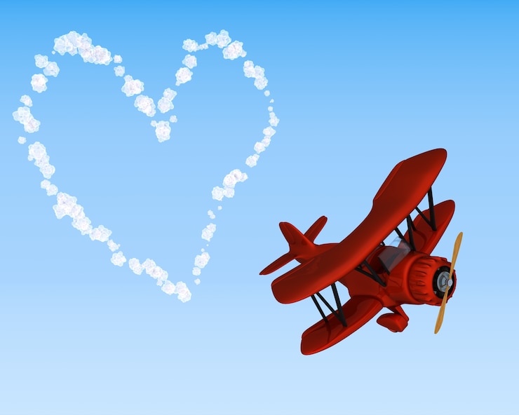 Photo gratuit 3d rendent d&#39;un ciel biplan écrit un coeur