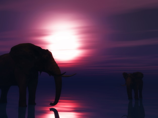 3D rendent des éléphants dans l&#39;océan contre un ciel coucher de soleil