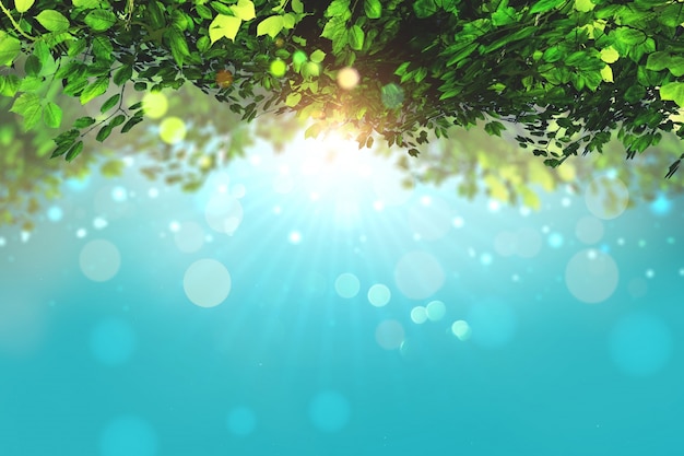 Photo gratuite 3d rendent des feuilles sur un fond de ciel bleu avec des lumières bokeh