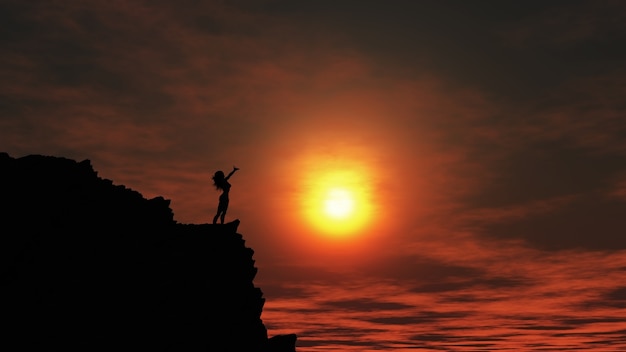 3D rendent d&#39;une figure féminine au sommet d&#39;une falaise au coucher du soleil