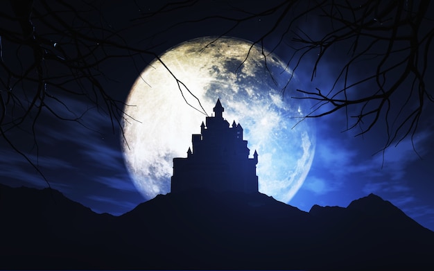 Photo gratuite 3d rendent d'un fond d'halloween avec un château fantasmagorique contre un ciel clair de lune