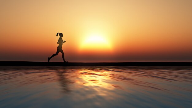 3D rendent d&#39;un footing femme contre un coucher de soleil sur l&#39;océan