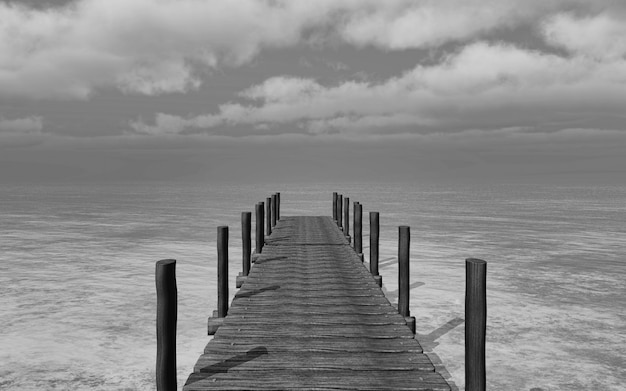 Photo gratuite 3d rendent d'une image en noir et blanc d'une jetée d'entrer dans la mer