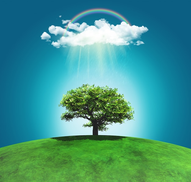 Photo gratuite 3d rendent d'un paysage courbe herbeuse avec un arc-en-arbre et raincloud