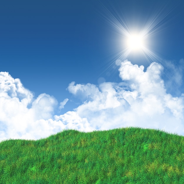 Photo gratuite 3d rendent d'un paysage herbeux contre un ciel bleu avec des nuages ​​blancs moelleux