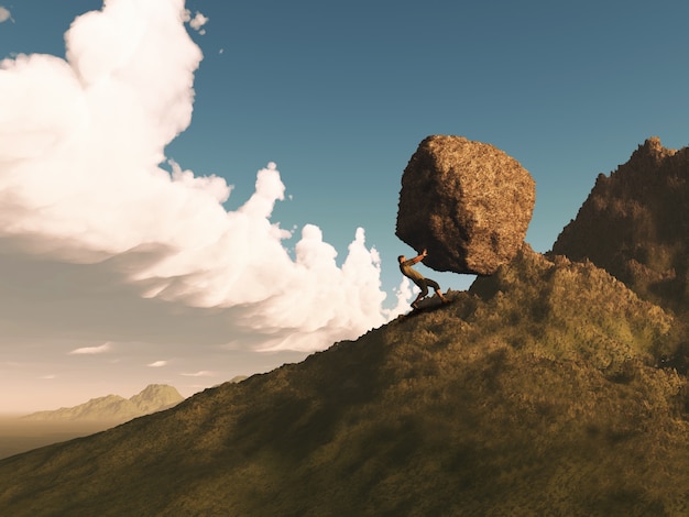 3D rendent d&#39;un personnage masculin poussant un énorme rocher sur une montagne