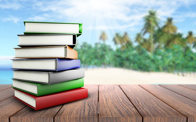 3D rendent d&#39;une pile de livres sur une table en bois donnant sur une plage de palmier