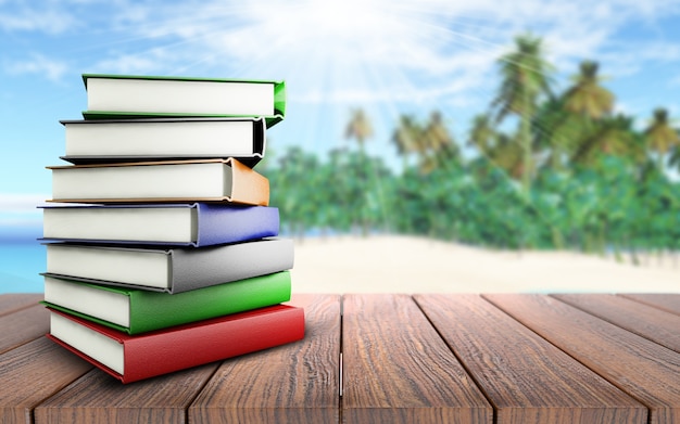 3D rendent d&#39;une pile de livres sur une table en bois donnant sur une plage de palmier